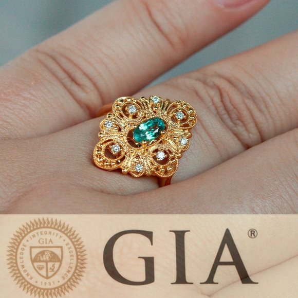 Natural Alexandrite Diamond 18k Yellow Gold Vintage Filigree Ring - Picture 1 of 6